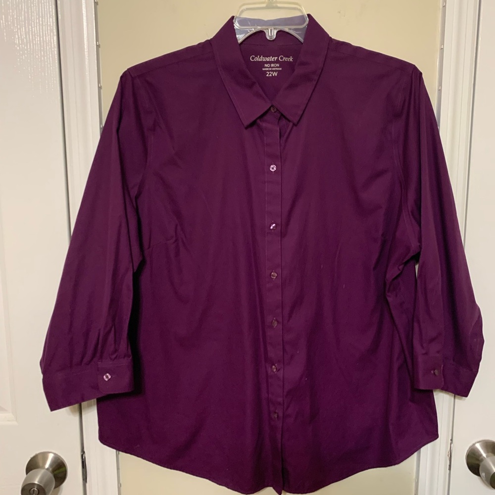 Coldwater Creek Purple Button Down Shirt with Three-Quarter Sleeves